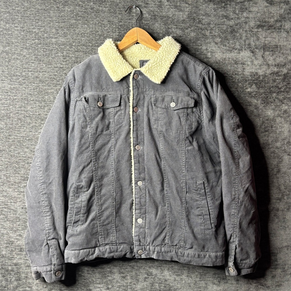Distortion Mens Gray Corduroy Sherpa Lined Trucker Jacket Size Medium Grunge Y2K